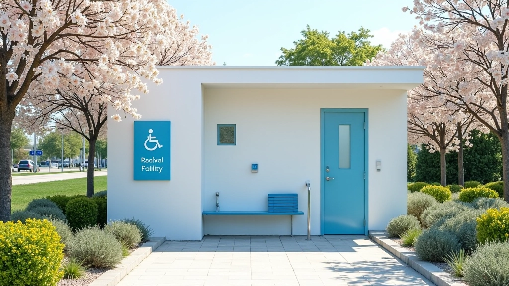 Clean modern restroom facility entrance with accessible ramp and clear signage, nestled in green park setting
