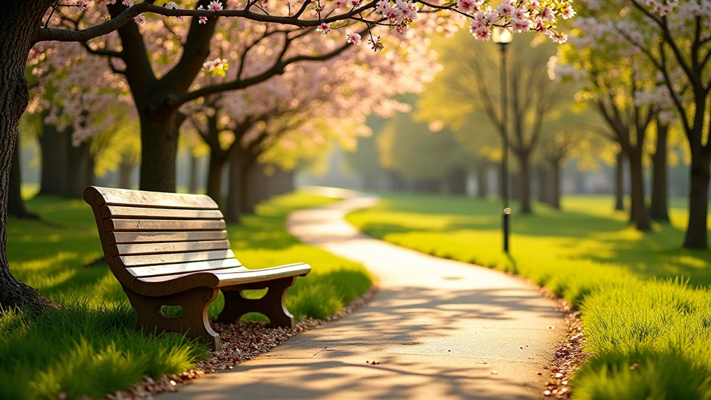 Park bench on a quiet path with trees and spring flowers creating a natural frame