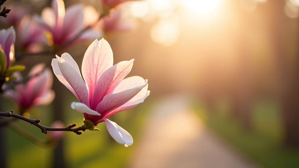 Morning light through magnolia blossoms in condo-investing park