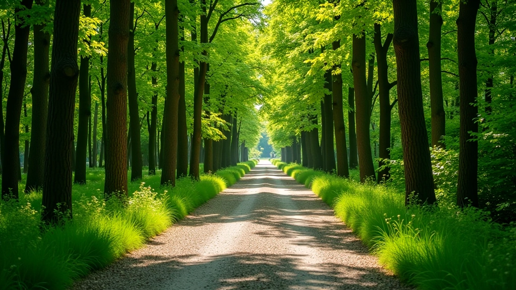 Forest path with trees lining both sides, dappled sunlight on gravel path, green foliage overhead