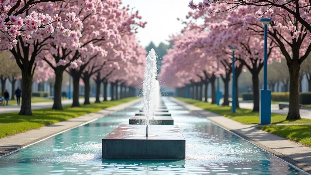 Public water fountain with clear water flowing, set in a park pathway with trees and flowers in the background