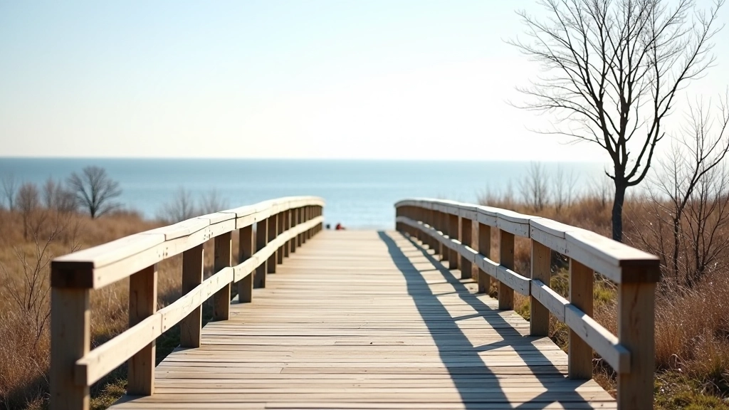 Wooden boardwalk with railings overlooking the Baltic Sea on a sunny morning