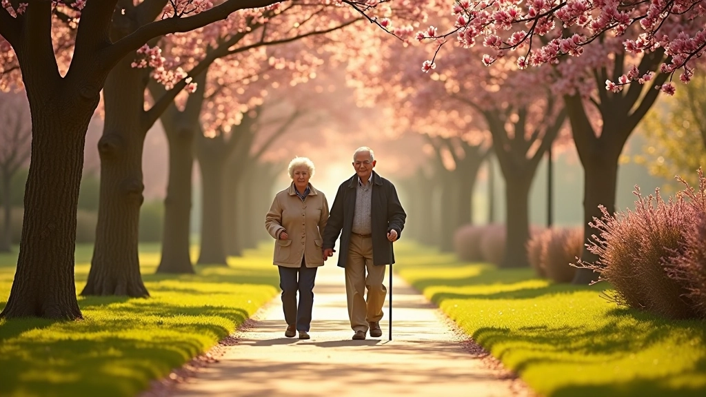Pensioners walking together on condo-investing park path with blooming flowers and trees