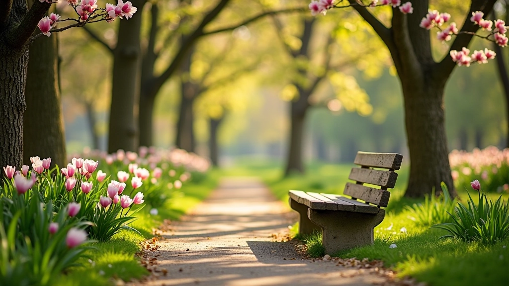 Wooden bench positioned along a peaceful tree-lined path with spring flowers visible, offering a comfortable rest spot