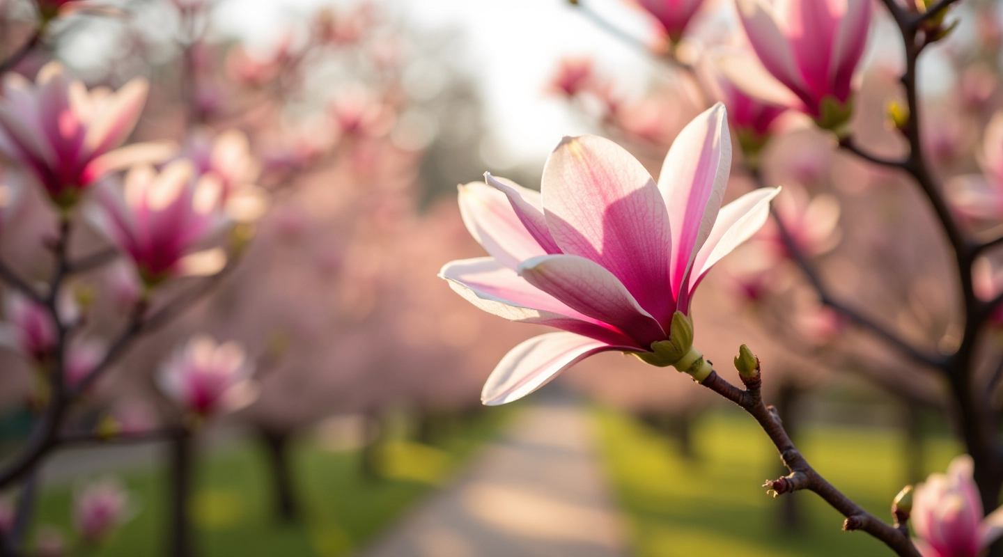 Magnolia blossoms in spring at condo-investing park with pink and white flowers