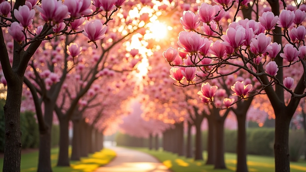 Morning sunlight filtering through tall magnolia trees in full bloom at the North Grove, golden hour photography