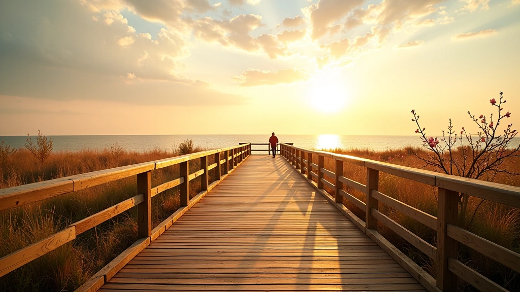 Wooden boardwalk pathway stretching along the Baltic Sea coast with morning sunlight